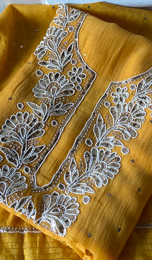 Nyla Women's Lakhnavi Handcrafted Mul Chanderi Unstitched Chikankari Full Suit Material - HONC0353146