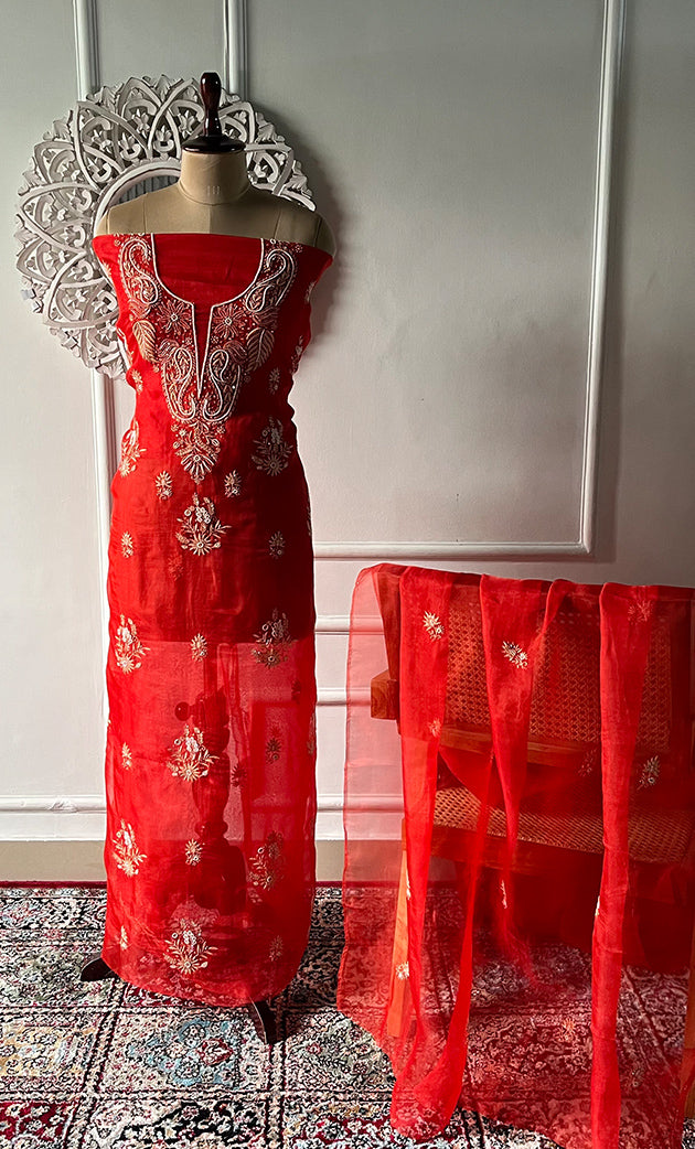 Women's Lakhnavi Handcrafted Pure Organza Chikankari Unstitched Kurta And Dupatta Set- HONC0311711