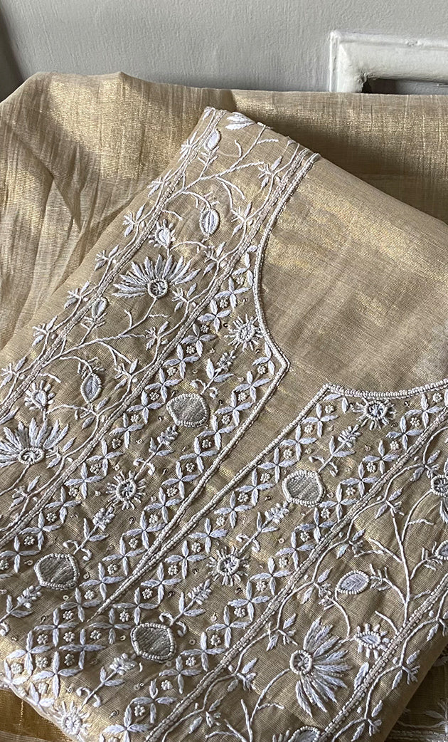 Women's Lakhnavi Handcrafted Tissue Chanderi Unstitched Chikankari Kurta And Dupatta Set - HONC0332073