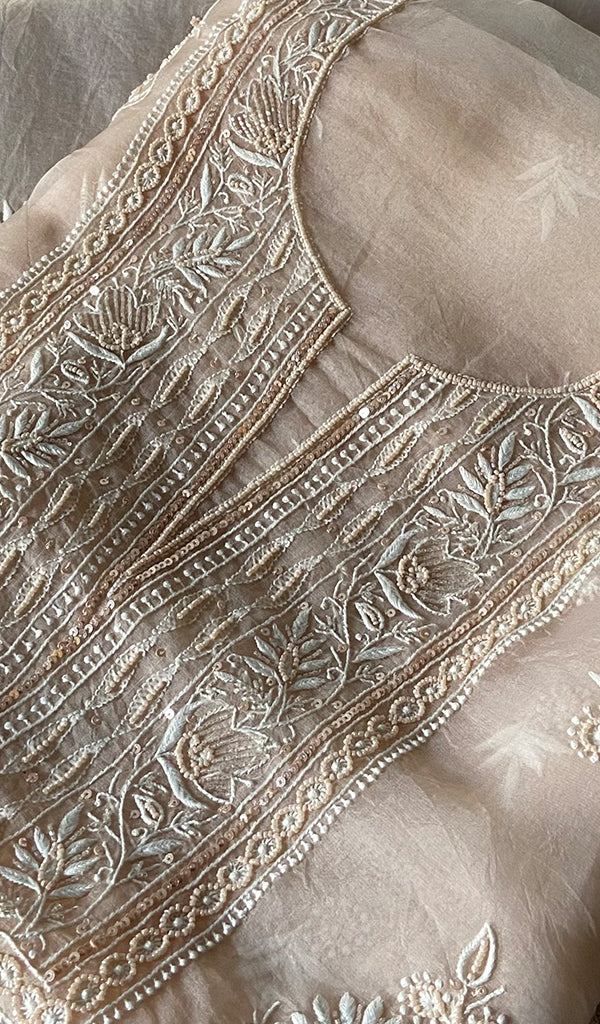 Women's Lakhnavi Handcrafted Pure Organza Chikankari Unstitched Kurta And Dupatta Set- HONC0329219