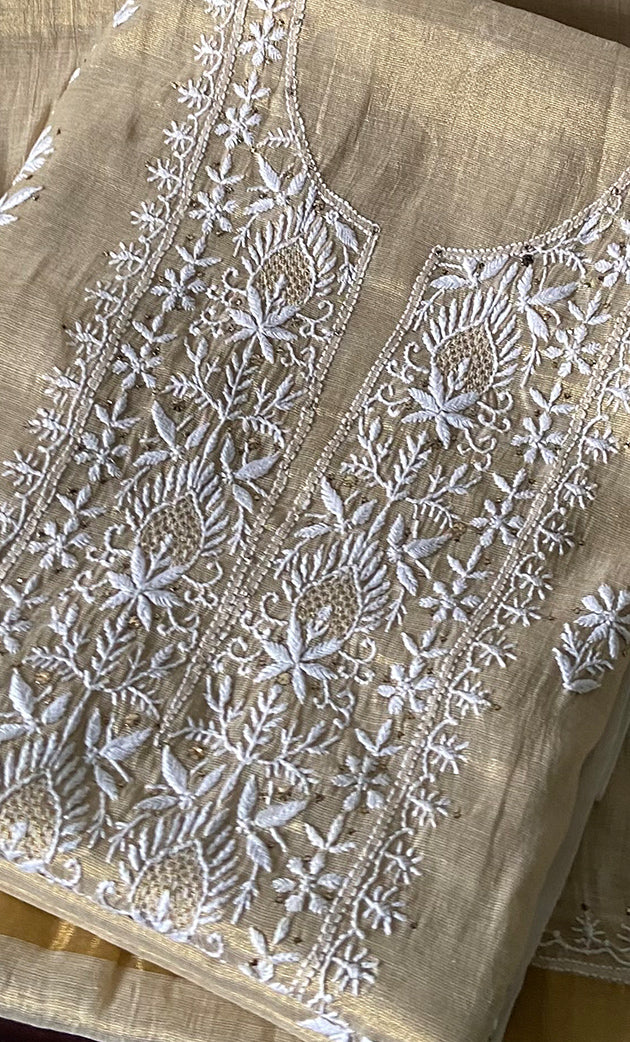Women's Lakhnavi Handcrafted Tissue Chanderi Unstitched Chikankari Kurta And Dupatta Set - HONC0273276