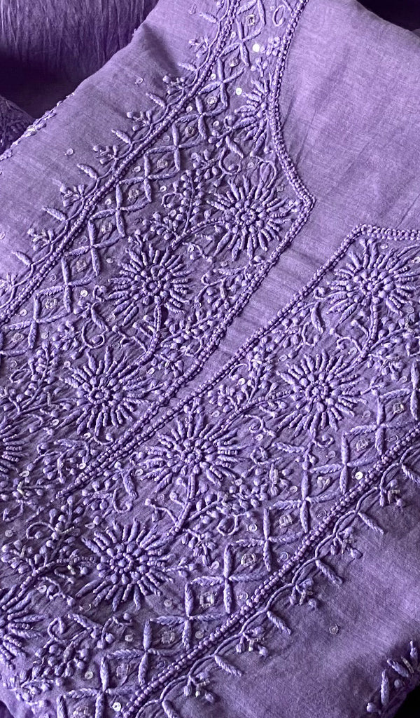 Women's Lakhnavi Handcrafted Mul Chanderi Unstitched Chikankari Full Suit Material - HONC0328125