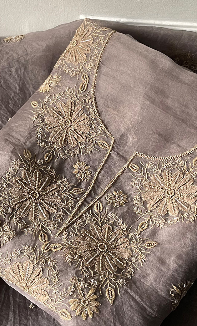 Women's Lakhnavi Handcrafted Pure Organza Chikankari Unstitched Kurta And Dupatta Set- HONC0318665