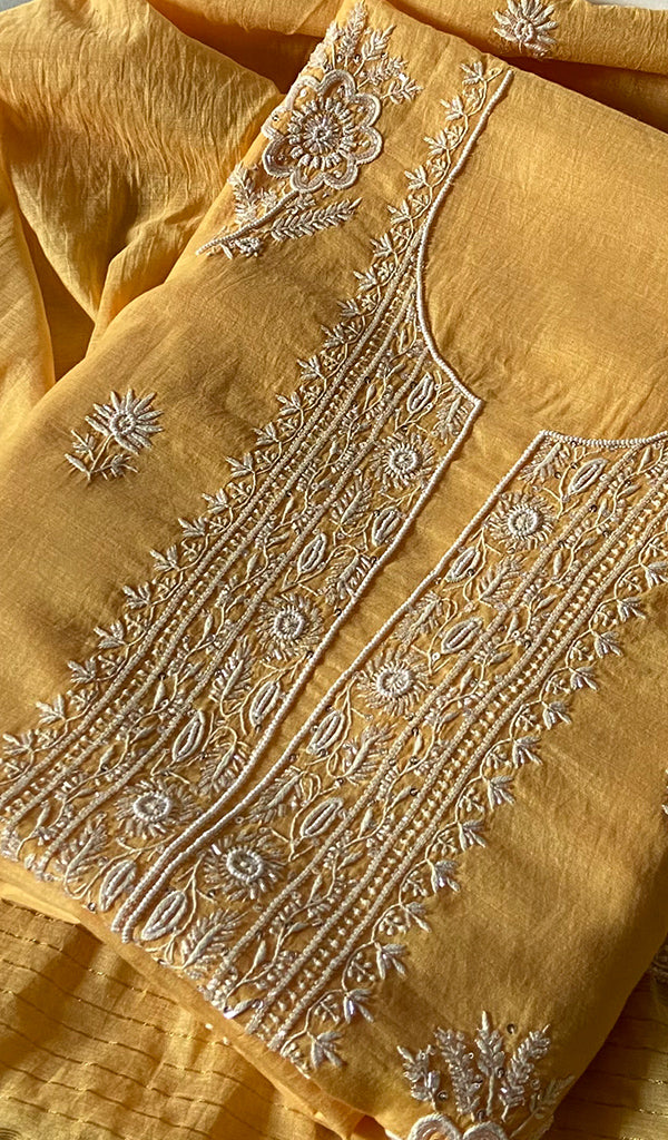 Women's Lakhnavi Handcrafted Mul Chanderi Unstitched Chikankari Full Suit Material - HONC0338250