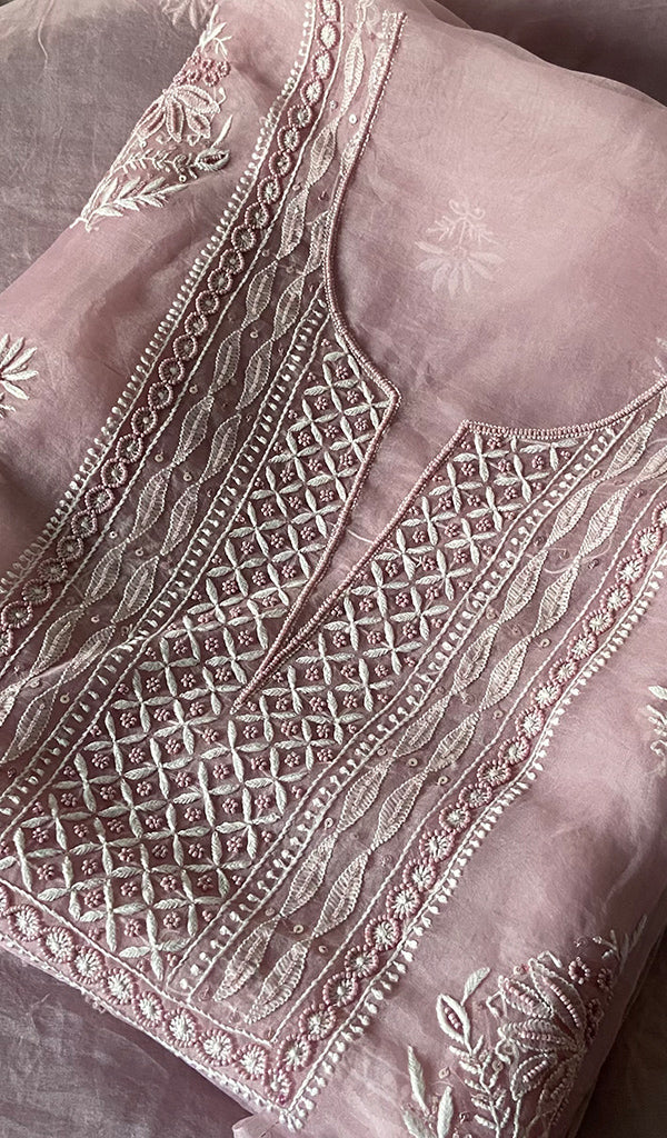 Women's Lakhnavi Handcrafted Pure Organza Chikankari Unstitched Kurta And Dupatta Set- HONC0329217