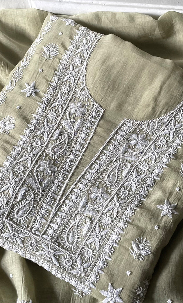 Women's Lakhnavi Handcrafted Unstitched Mul Chanderi Kurta And Dupatta Set - HONC0329036