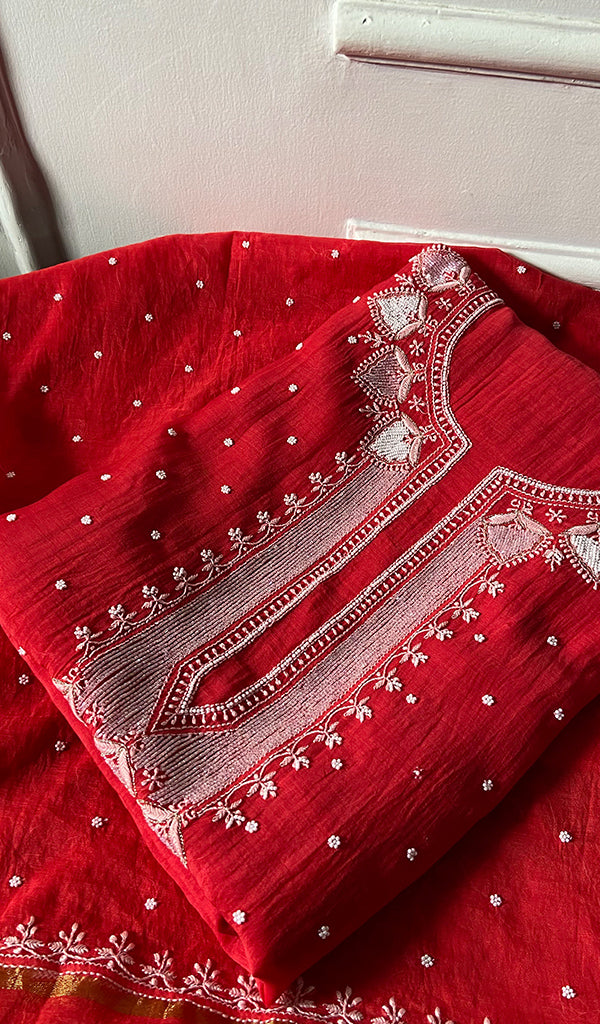 Jazba Women's Lakhnavi Handcrafted Mul Chanderi Unstitched Chikankari Full Suit - HONC0370175