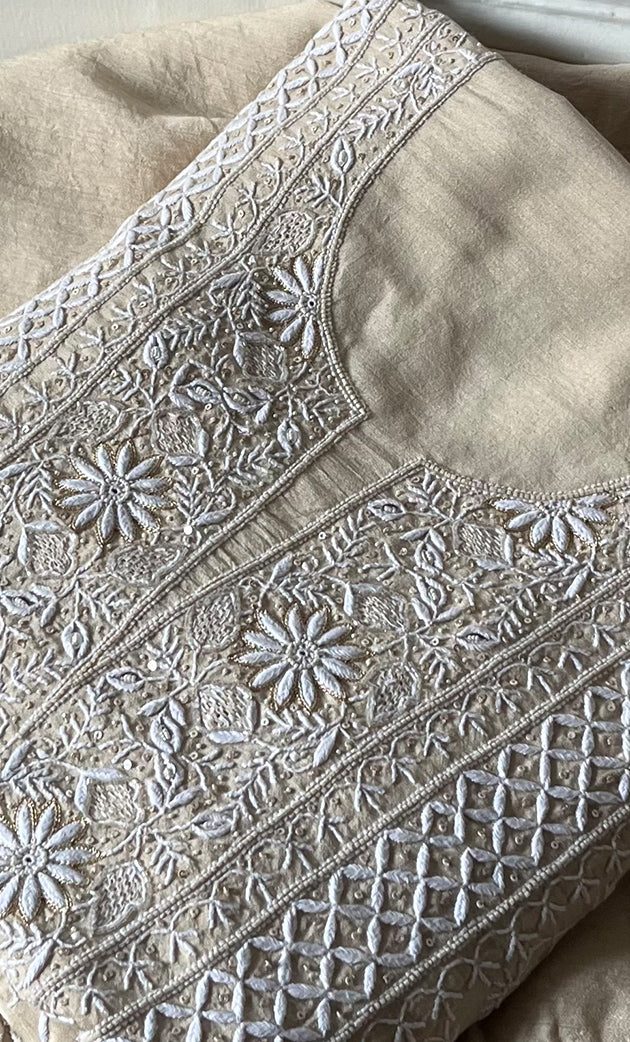 Women's Lakhnavi Handcrafted Unstitched Munga Silk Chikankari Kurta And Dupatta Set- HONC0275374