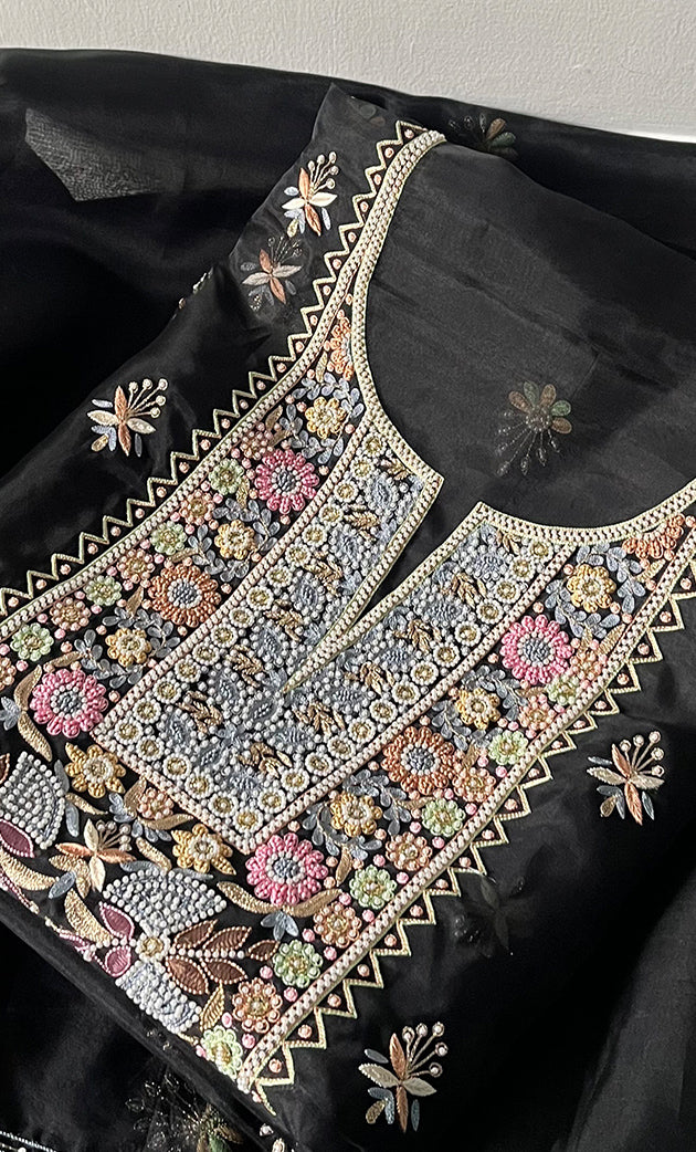 Women's Lakhnavi Handcrafted Pure Organza Chikankari Unstitched Kurta And Dupatta Set- HONC0335375