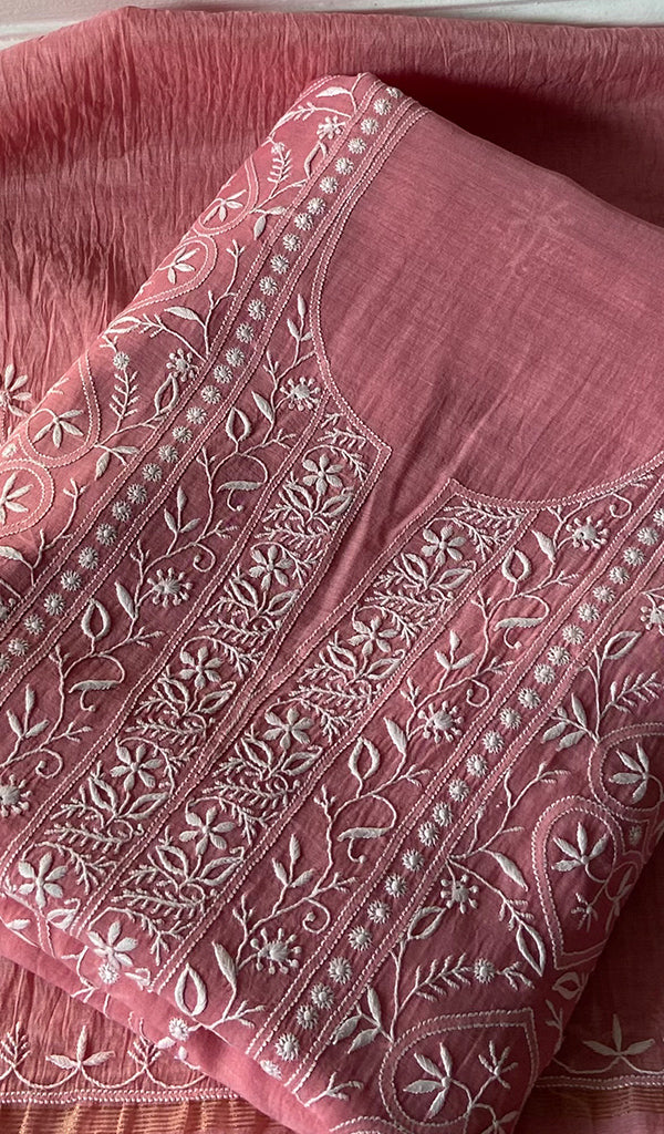 Women's Lakhnavi Handcrafted Mul Chanderi Unstitched Kurta And Dupatta Set - HONC0342140