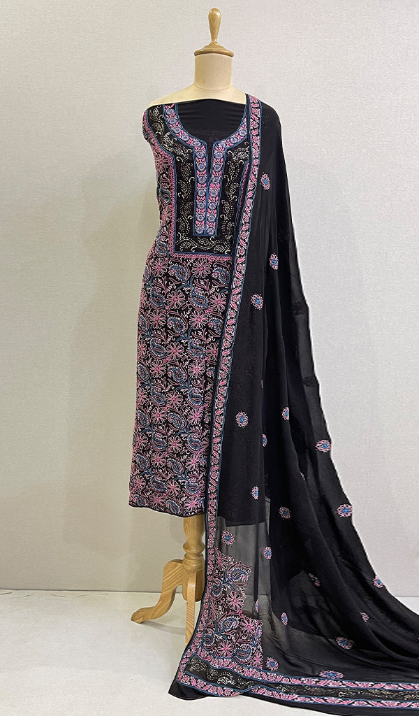 Women's Lakhnavi Handcrafted Pure Silk Georgette Chikankari Kurta And Dupatta Set- NC072927