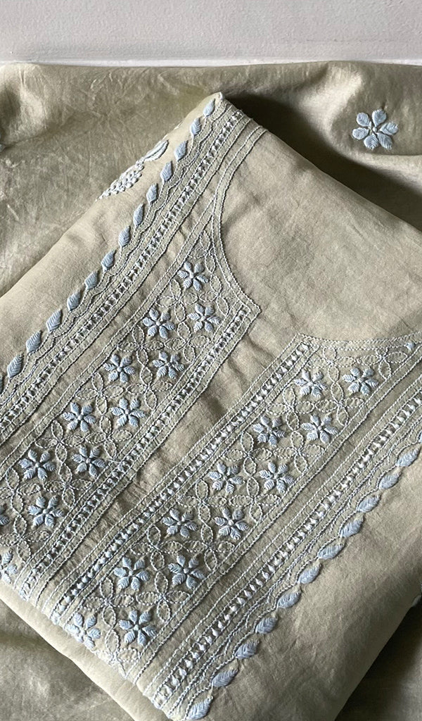 Women's Lakhnavi Handcrafted Chanderi Silk Unstitched Chikankari Full Suit - HONC0350702