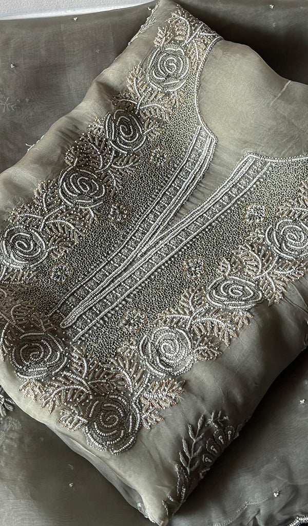 Women's Lakhnavi Handcrafted Pure Organza Chikankari Unstitched Kurta And Dupatta Set- HONC0342712