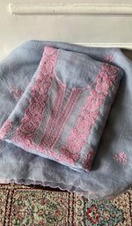 Load image into Gallery viewer, Women's Lakhnavi Handcrafted Pure Organza Chikankari Unstitched Kurta And Dupatta Set- HONC0361457