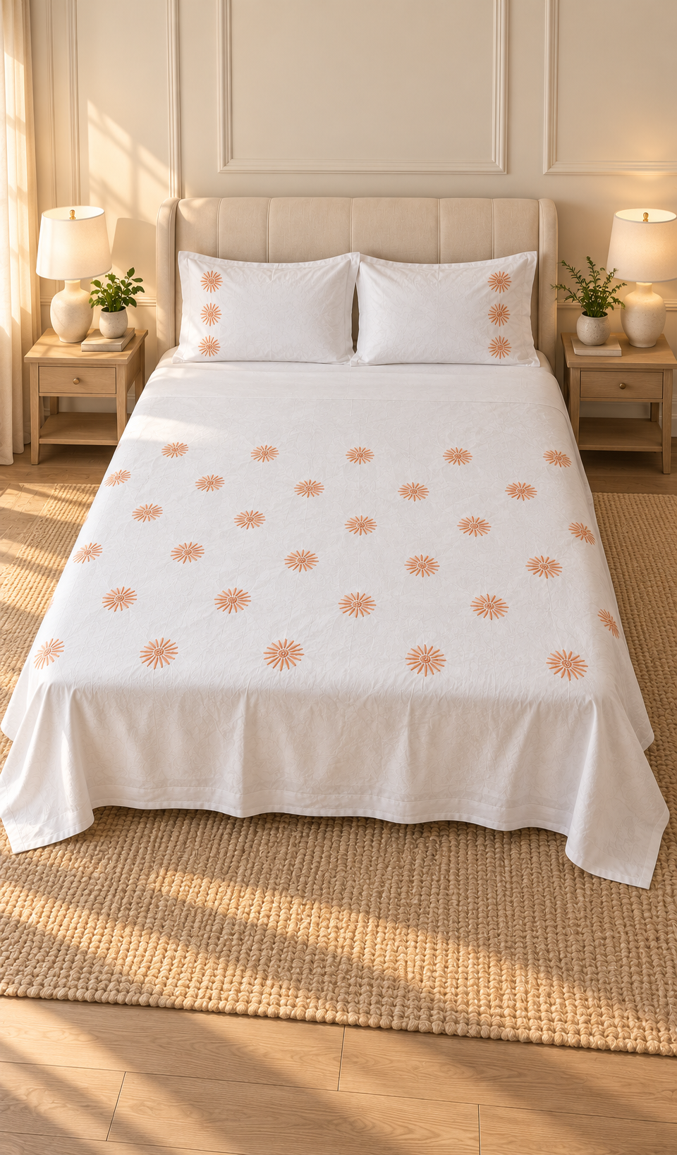 Lakhnavi Handcrafted Cotton Chikankari Bedsheet Set - HONC0379438