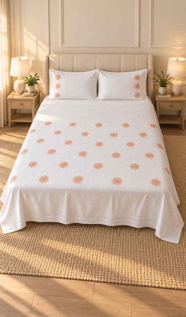 Lakhnavi Handcrafted Cotton Chikankari Bedsheet Set - HONC0379438