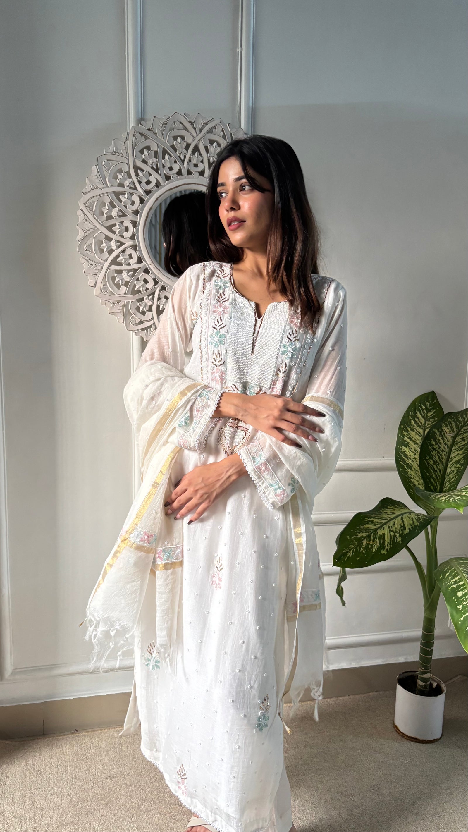 Women's Lakhnavi Handcrafted Mul Chanderi Chikankari Stitched Kurta, Dupatta And Pant Set - HONC0300859