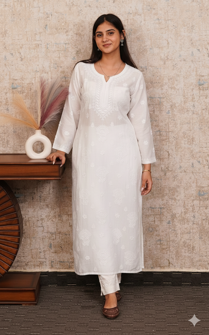 Sufi Women's Lucknowi Handcrafted Chanderi Silk Chikankari Kurti - HONC041949