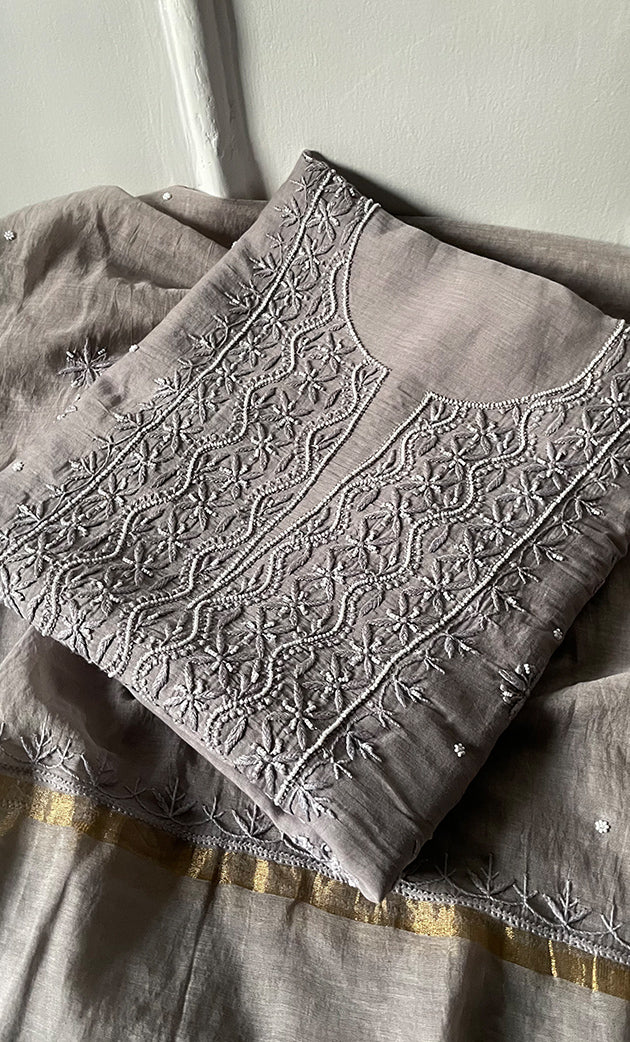 Women's Lakhnavi Handcrafted Mul Chanderi Unstitched Chikankari Full Suit Material - HONC0305483