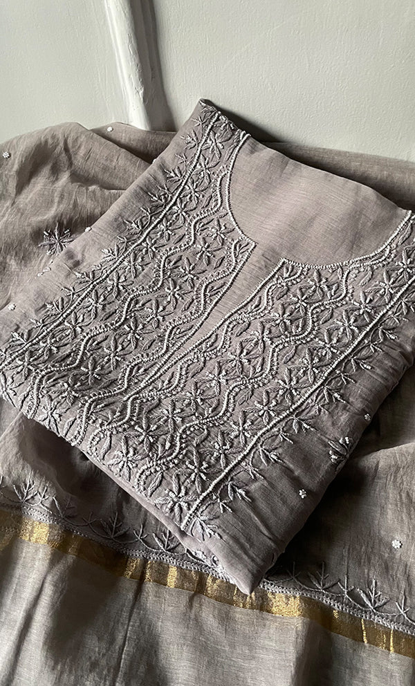 Women's Lakhnavi Handcrafted Mul Chanderi Unstitched Chikankari Full Suit Material - HONC0305483