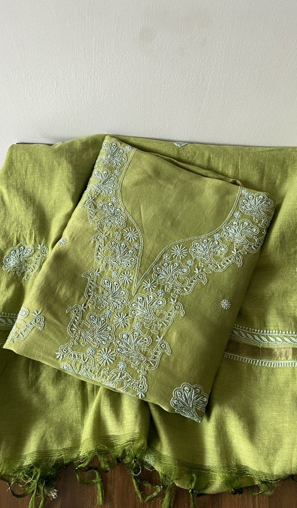 Green pure chanderi silk kurta piece folded, fine chikankari