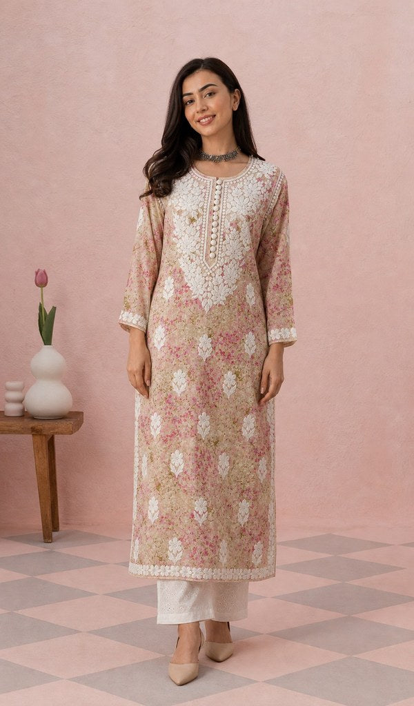 Pink Floral Print mul cotton kurti on the model, full length