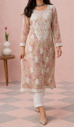 Pink Floral Print kurti from the front, styled with a white pant
