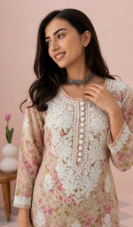 Pink Floral Print kurti upper body with the neckline chikankari