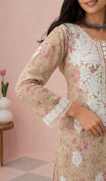 Pink Floral Print kurti, sleeve and chikankari up close
