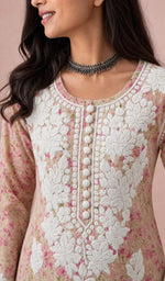 Pink Floral Print kurti, neckline and yoke embroidery up close