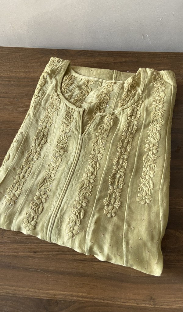 Folded olive green chanderi silk kurta, front view
