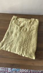 Folded olive green chanderi silk kurta fabric, second view