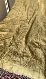 Olive green chanderi silk kurta, close view of the embroidery