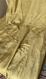 Fine front and back chikankari anarkali on the olive green chanderi silk