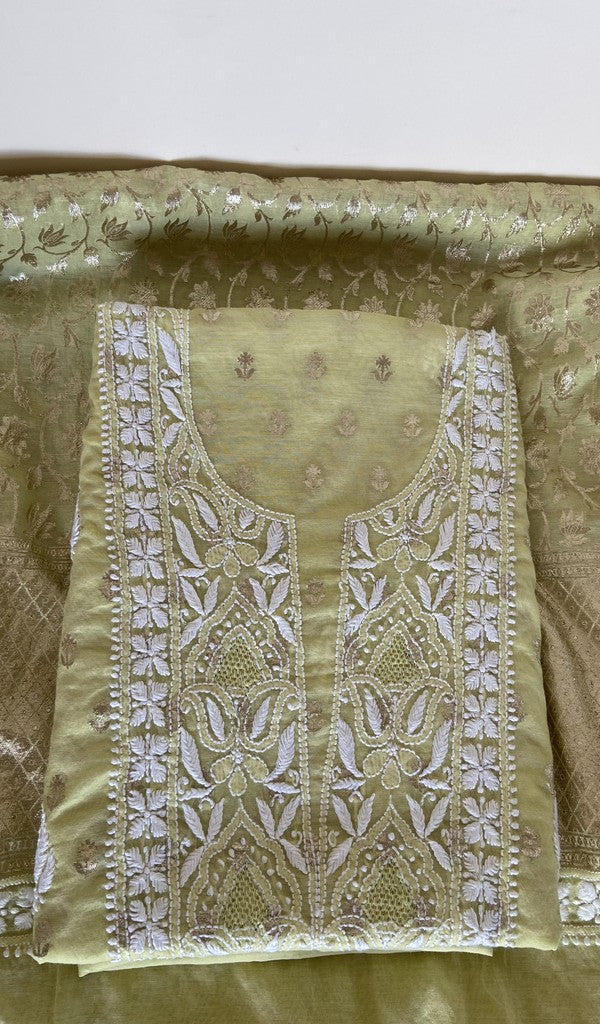 Green pure mul chanderi kurta piece folded, fine chikankari with allover banarasi dupatta