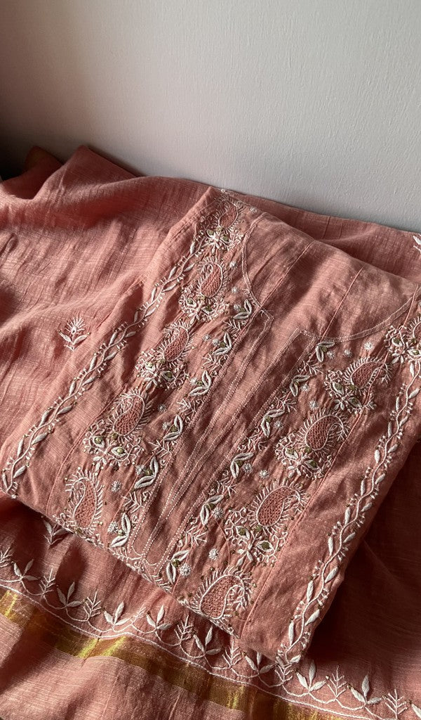 Peach cotton kurta piece folded, fine front and back jaaldar chikankari anarkali with haath
