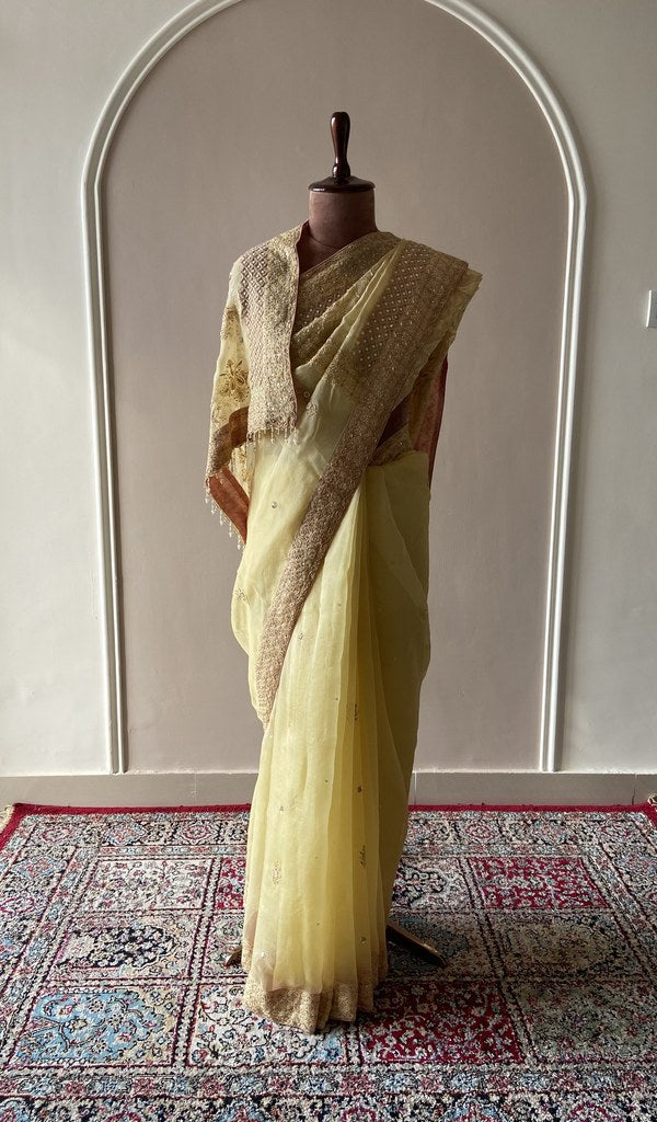 Amira — Lemon Yellow Beaded Border Pallu Pure Organza Silk Chikankari Saree
