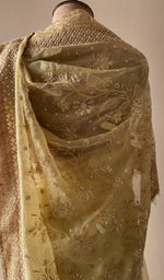 Lemon yellow organza silk saree, detail view