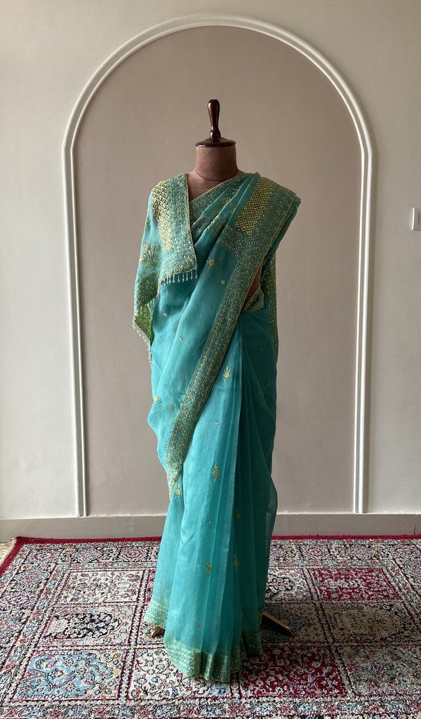 Amira — Teal Pure Organza Silk Chikankari Saree