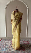 Amira — Lemon Yellow Floral Jaal Pallu Pure Organza Silk Chikankari Saree