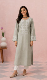 Khaki cotton kurti on the model, full length