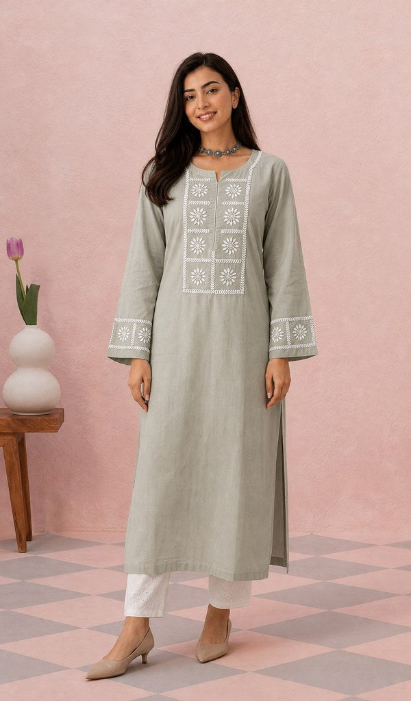 Khaki cotton kurti on the model, full length