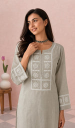 Khaki kurti upper body with the neckline chikankari