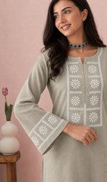 Khaki kurti, sleeve and chikankari up close