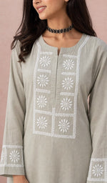 Khaki kurti, neckline and yoke embroidery up close