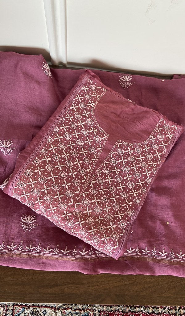 Folded wine mul chanderi kurta, gala and neckline work