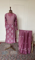 Wine mul chanderi set on the mannequin with its dupatta