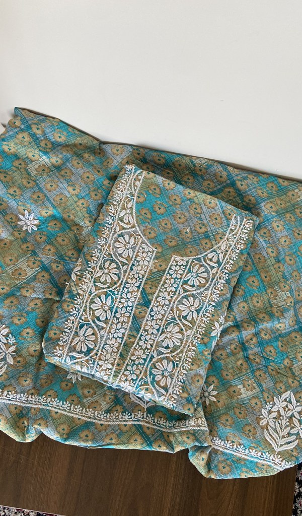 Folded teal mul cotton kurta, gala and neckline work