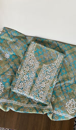 Folded teal mul cotton kurta, gala and neckline work