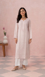 Peach Pink muslin kurti on the model, full length